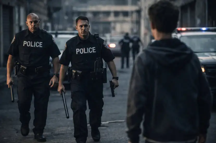 two police approaching a young man
